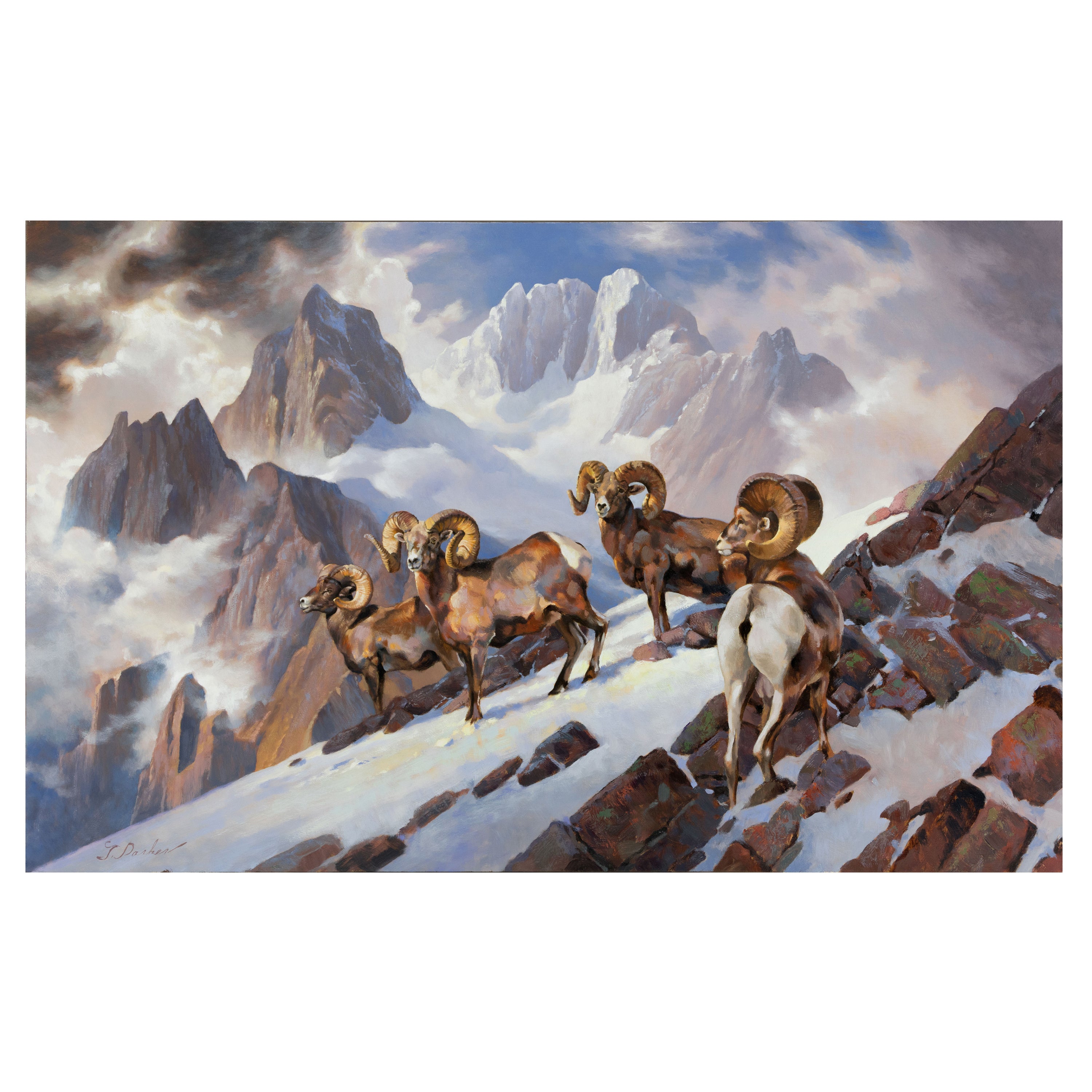 "Rams of the Wind River" Peinture à l'huile originale de Greg Parker en vente