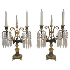 Pair English Regency Bronze and Crystal Eagle Form Candelabra