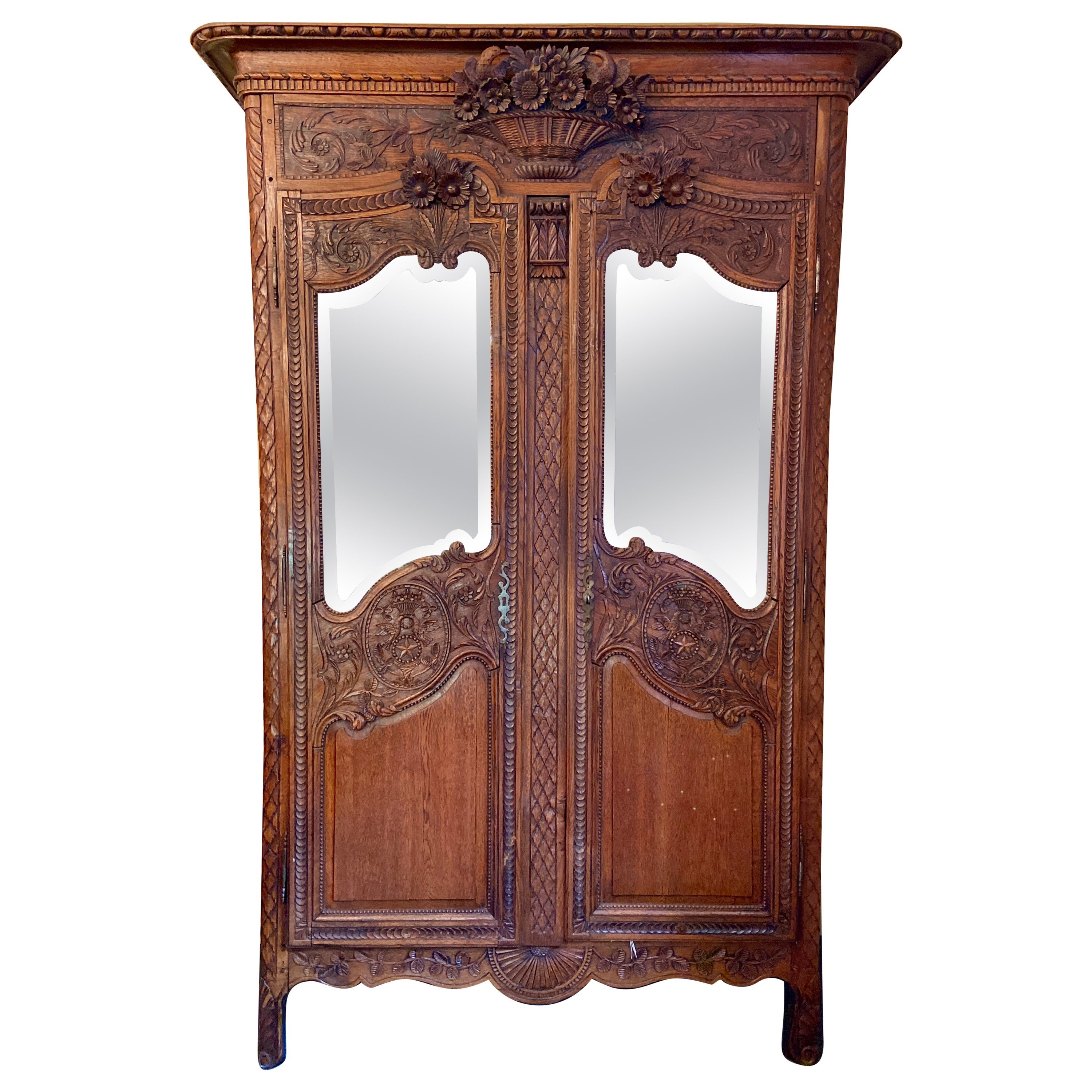 Antique French Hand-Carved Elm & Beveled Mirror "Armoire de Marriage" Circa 1880
