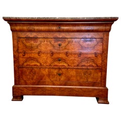 Antique French Charles X Burled Walnut Oyster Veneer Marble-Top Commode Ca 1900