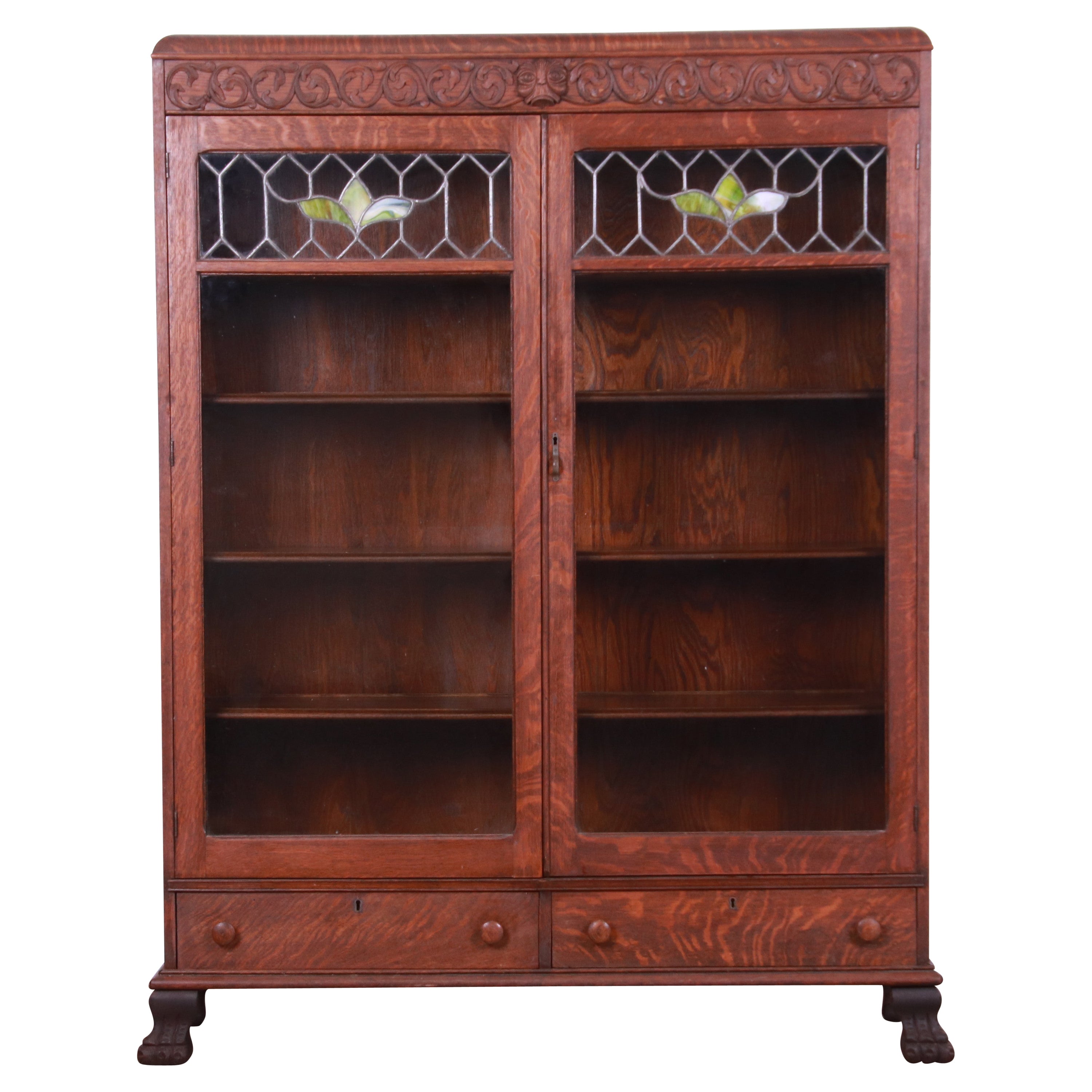 Antique Mission Oak Arts & Crafts Bookcase with Stained Leaded Glass Doors