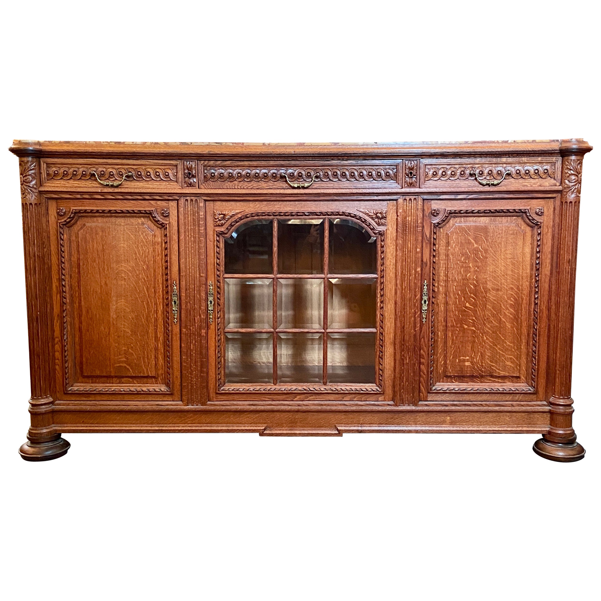 Antique French Carved Oak & Beveled Glass Buffet w/ Original Marble Top, C. 1900