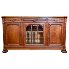 Antique French Carved Oak & Beveled Glass Buffet w/ Original Marble Top, C. 1900