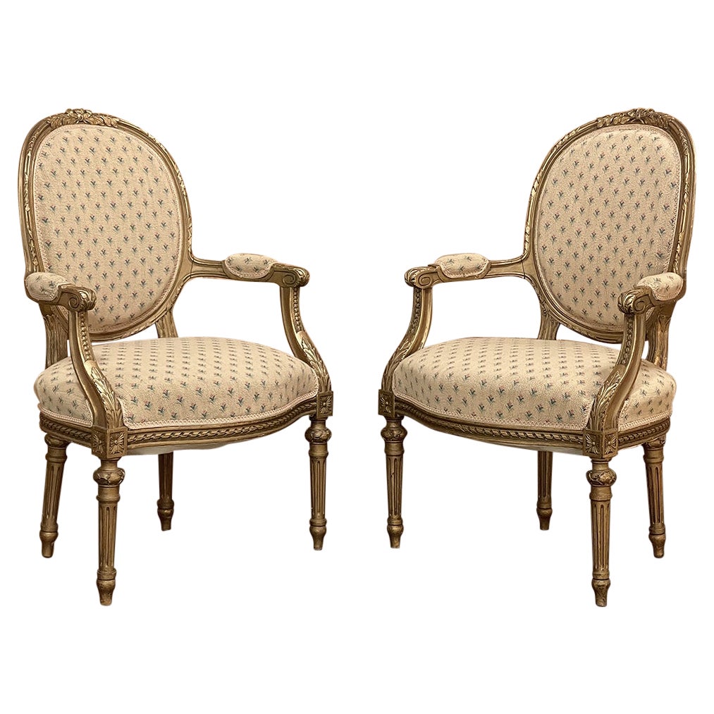 Pair 19th Century French Louis XVI Gilded Armchairs ~ Fauteuils For Sale