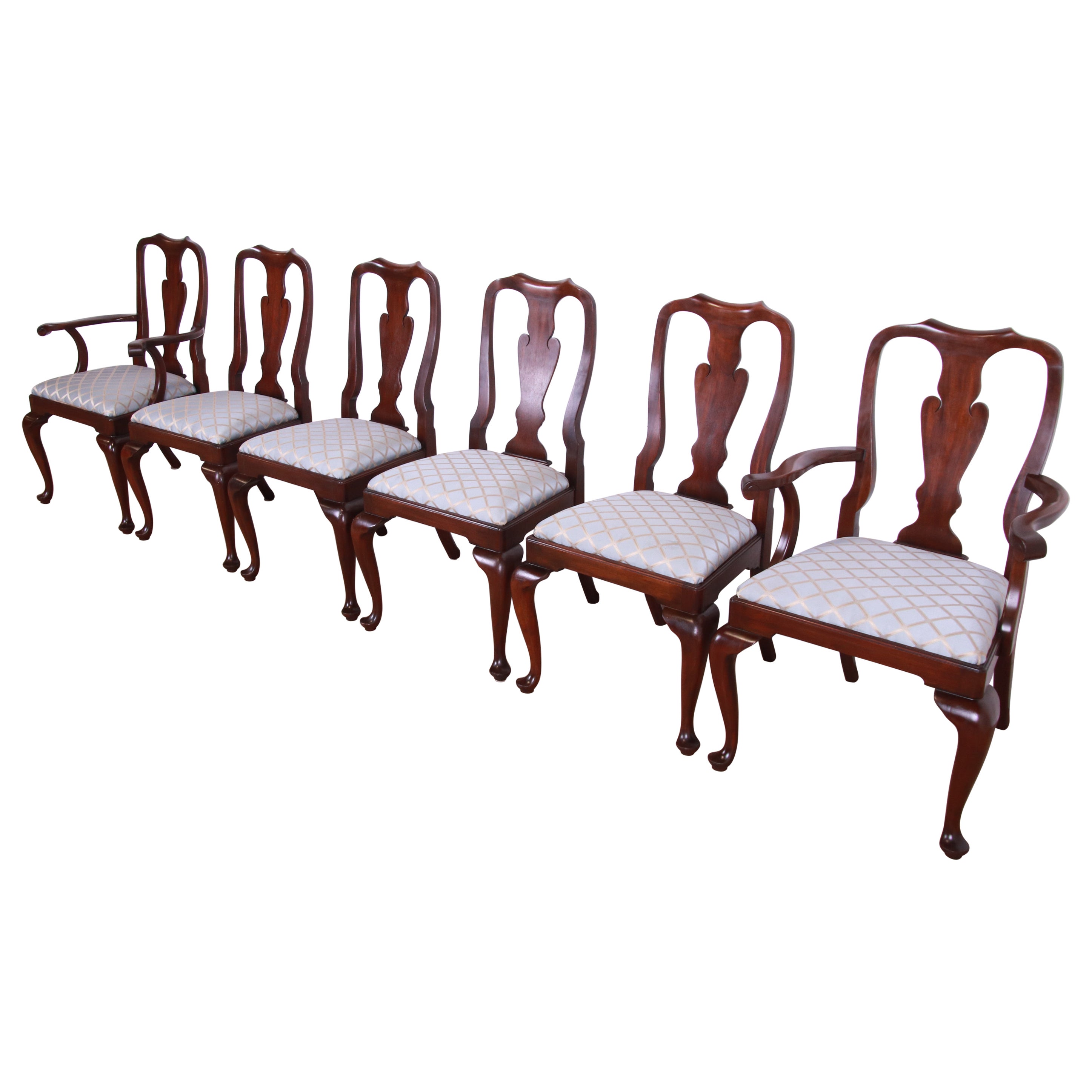 Henkel Harris Queen Anne Solid Mahogany Dining Chairs, Set of Six