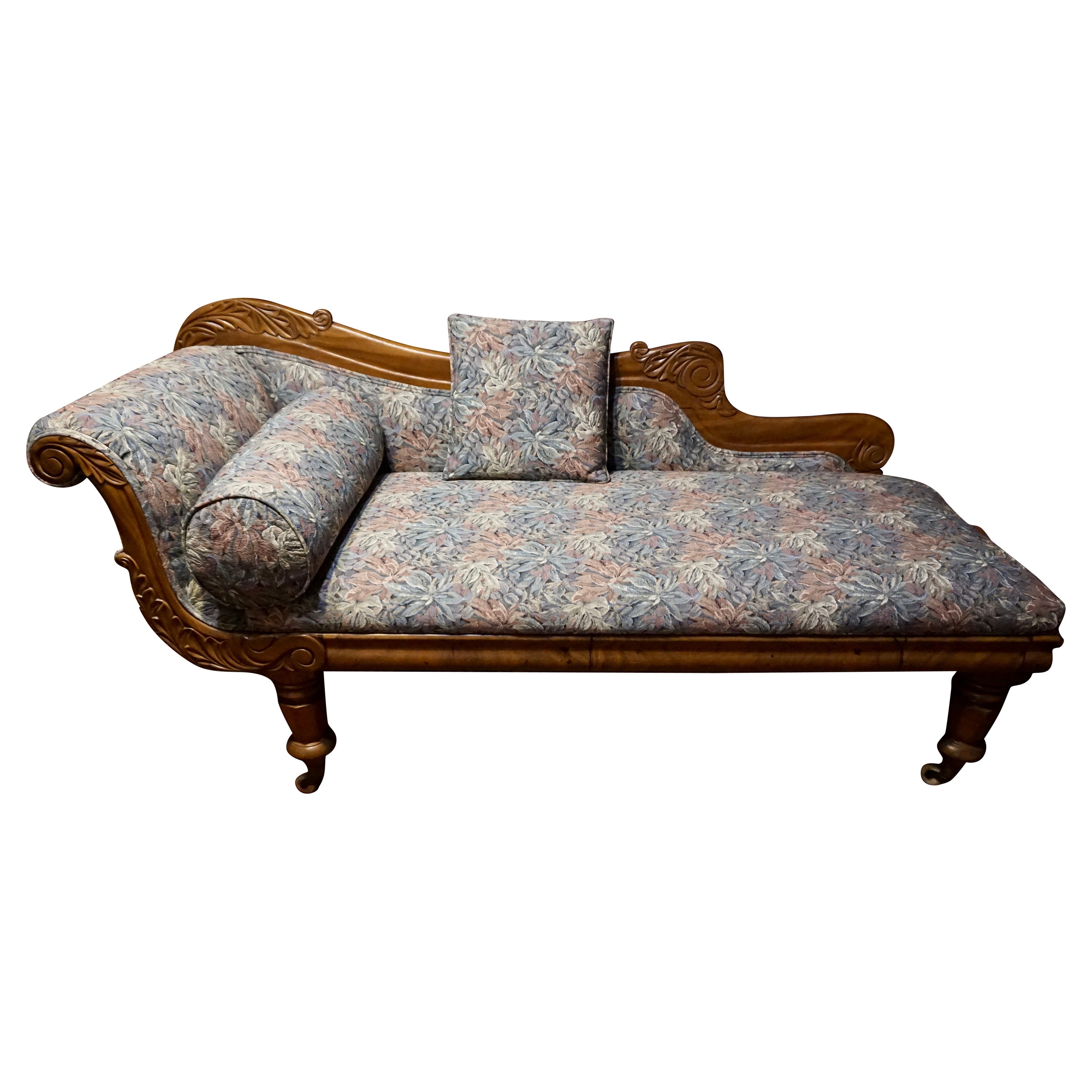 English Walnut Hand Carved Victorian Chaise Lounge on Porcelain Casters