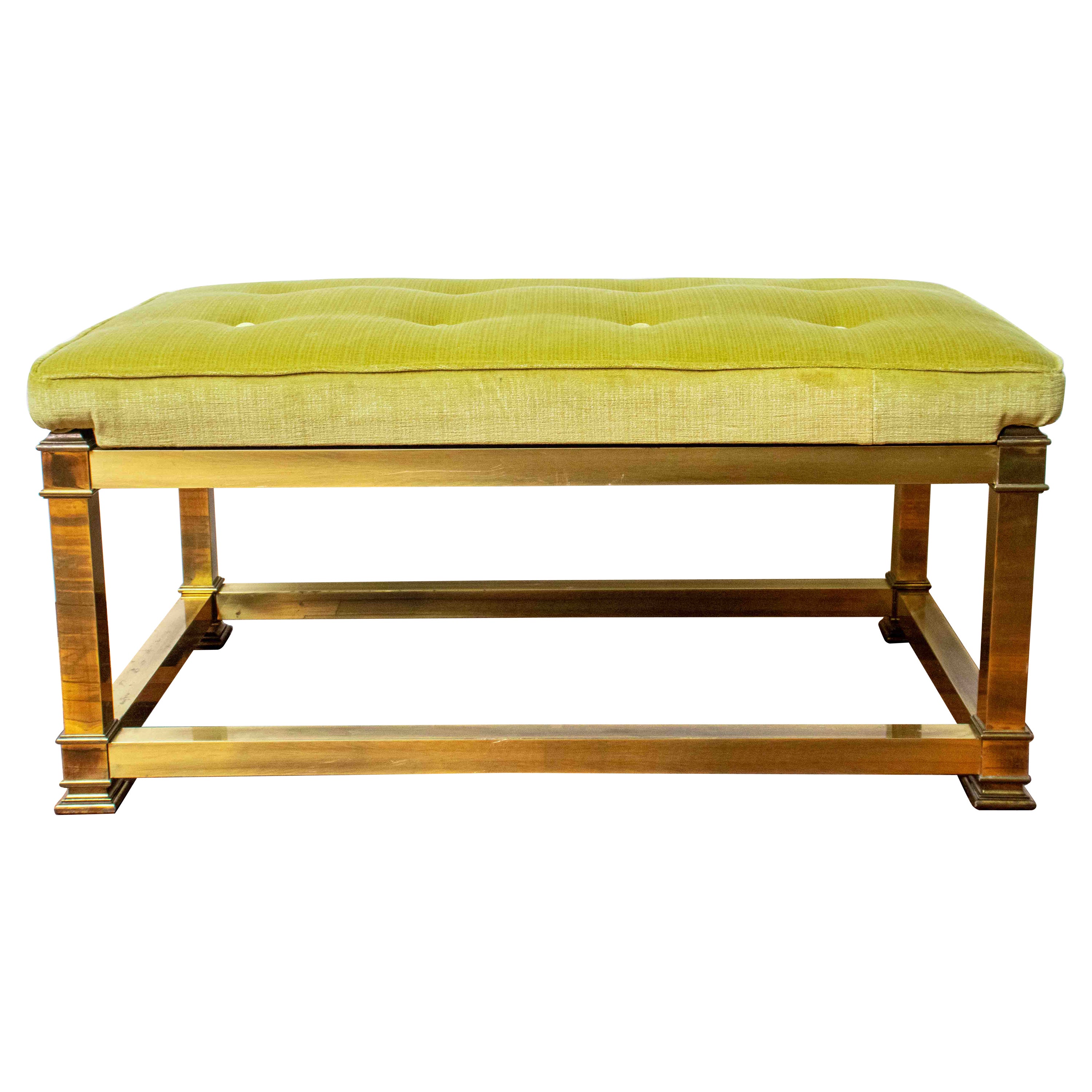 Mid Century Tufted Blue Bench with Brass Legs at 1stDibs brass leg