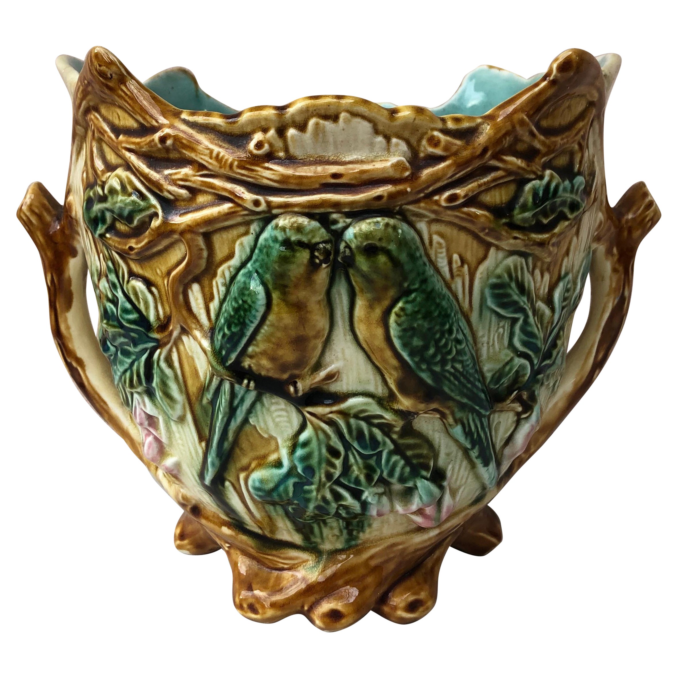 19th Century French Majolica Parakeets Cachepot Onnaing For Sale