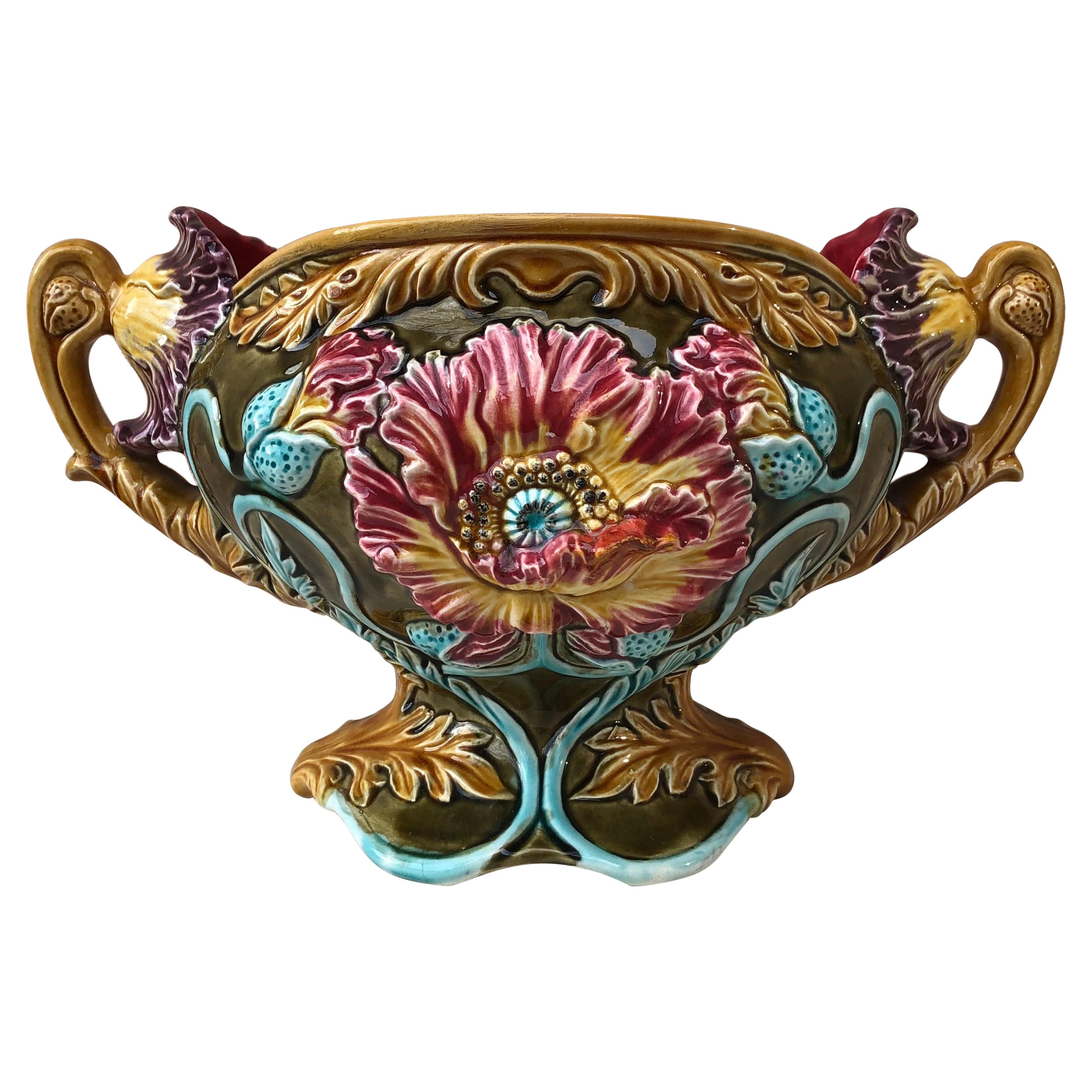 19th Century French Majolica Poppies Cachepot Onnaing