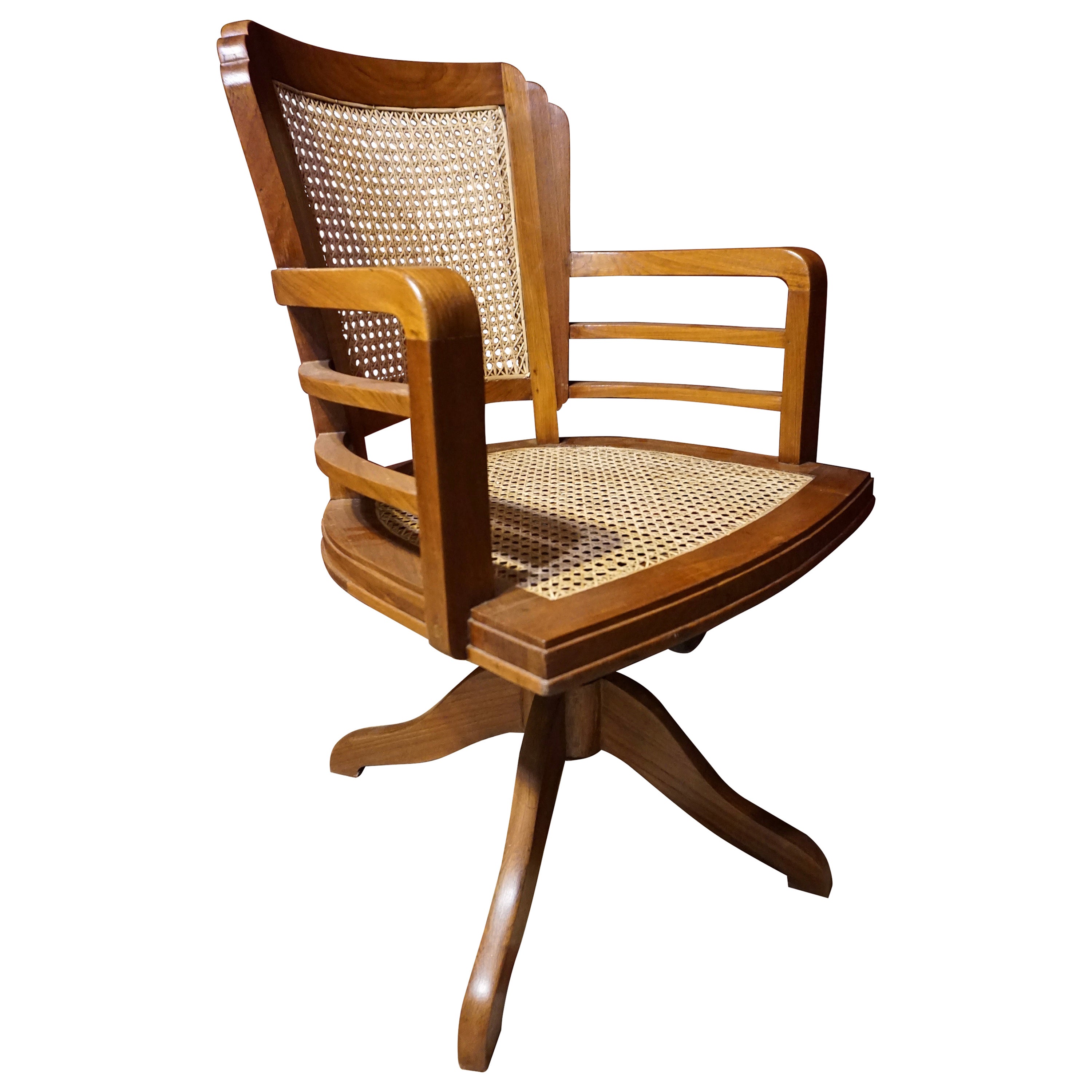 Art Deco Solid Teak Revolving Chair with Cane Work & Solid Armrests