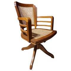 Vintage Art Deco Solid Teak Revolving Chair with Cane Work & Solid Armrests
