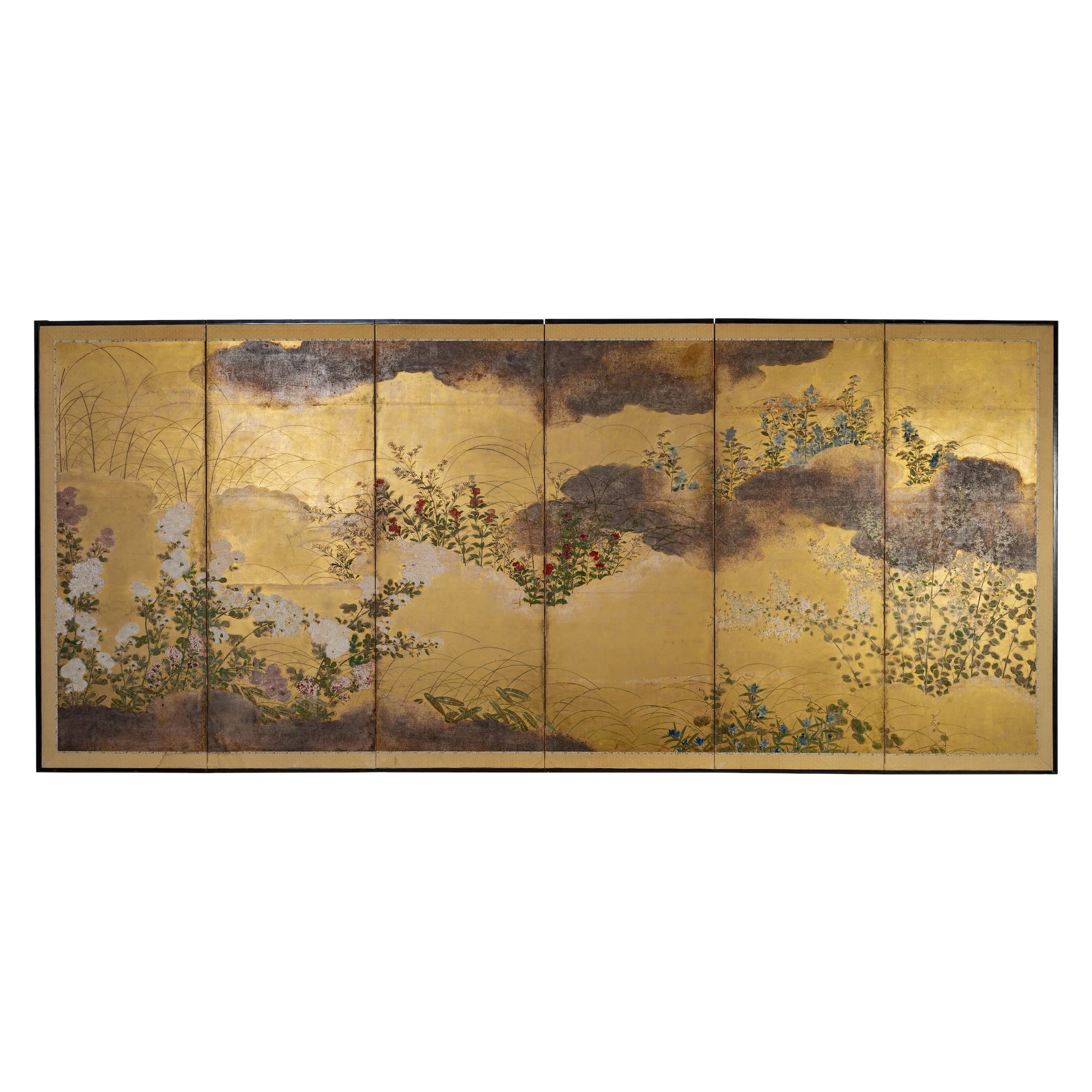 Japanese Six Panel Screen: Rimpa Painting of Autumn Flowers and Grasses on Gold For Sale
