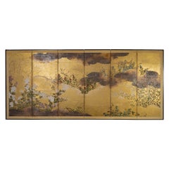 Japanese Six Panel Screen: Rimpa Painting of Various Flowers on Gold