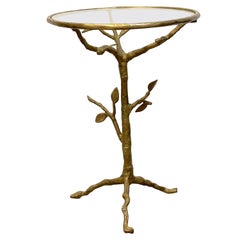 French Modern Gilt Bronze Faux Bois Side Table 