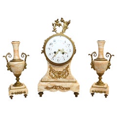 French Mantle Clock Set Garniture Marble 1880