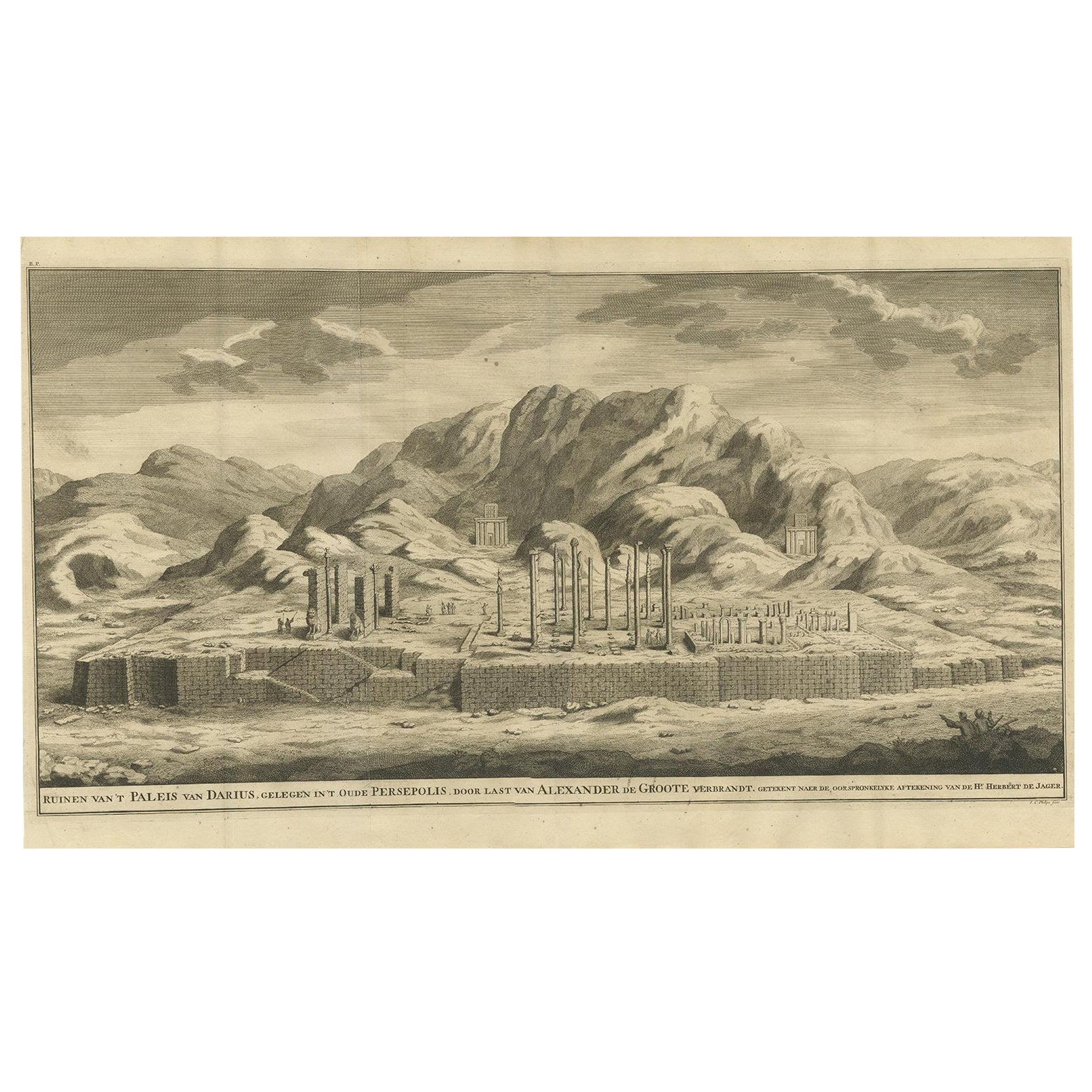 Gravure ancienne de Persepolis, une ville sacrée par Alexander le Grand, 1726