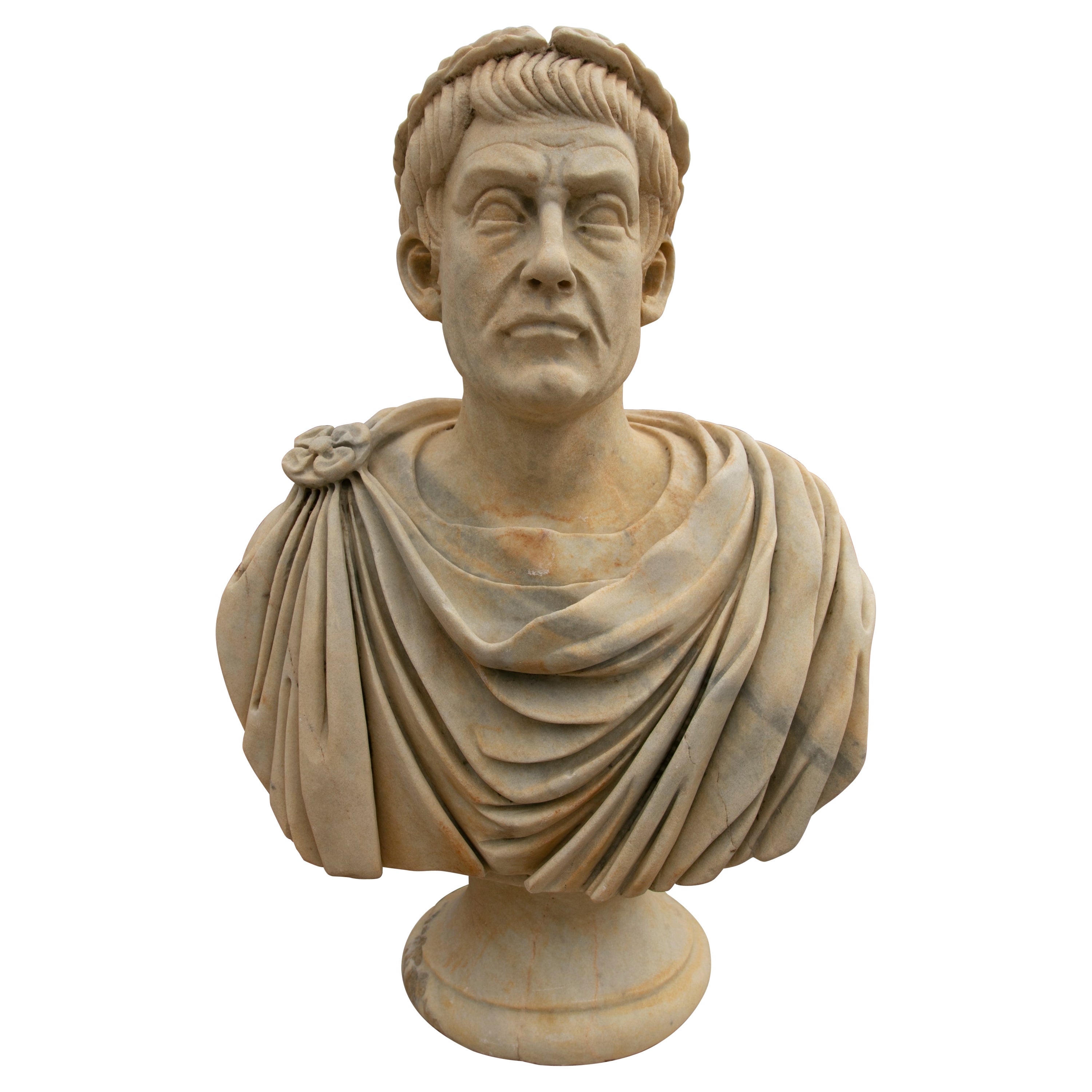 Buste de Caesar juif de style néoclassique espagnol sculpté à la main en marbre blanc vieilli