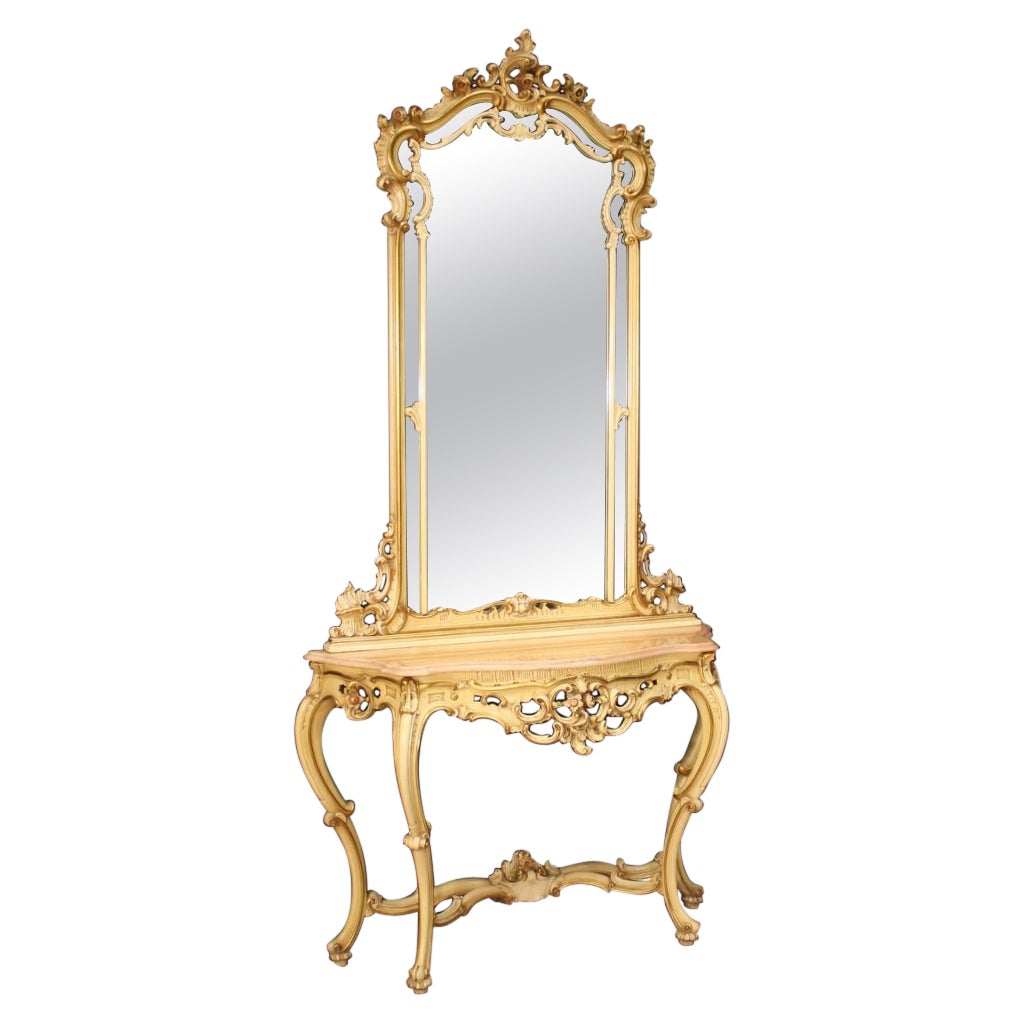 20th Century Lacquered Wood Marble Italian Louis XV Style Console with Mirror For Sale