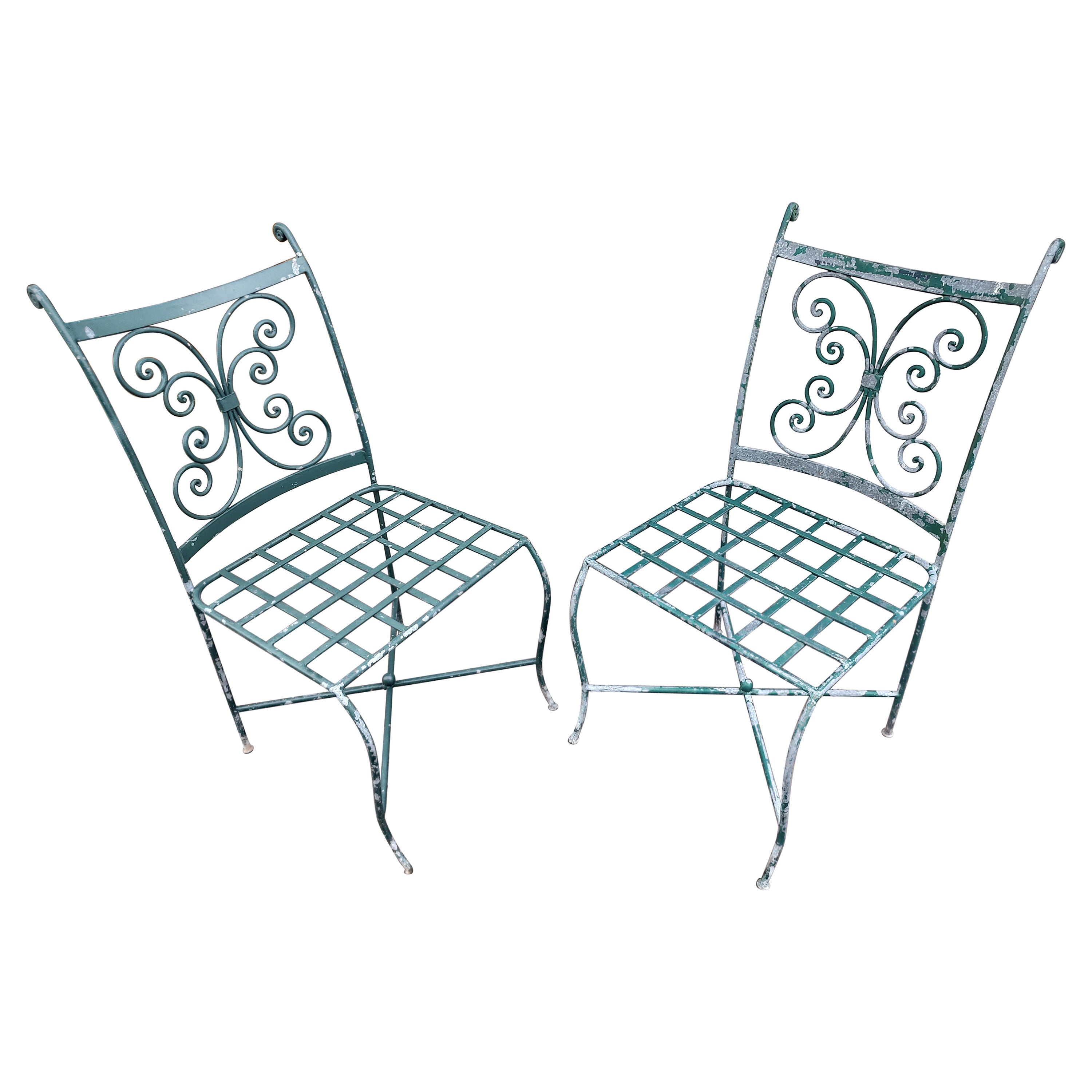 Pair of French Iron Scroll Back Zinc Coated Outdoor Garden Cafe Chairs