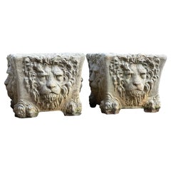 Pair of Large Neoclassical Stone Planters with Lions Faces