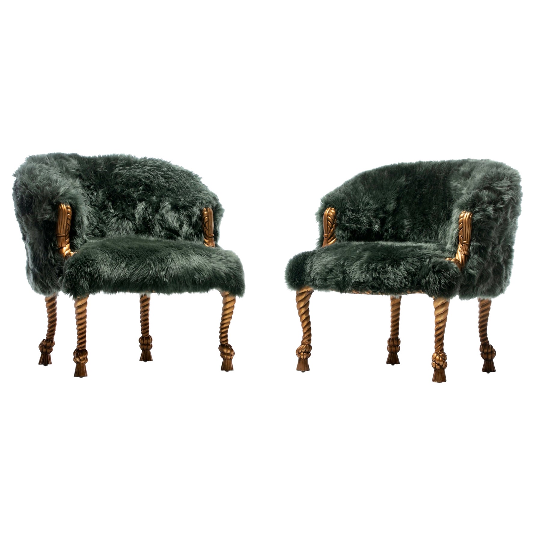 Napoleon III Style Chairs in Emerald Sheepskin on Gilt Rope & Tassel Frames