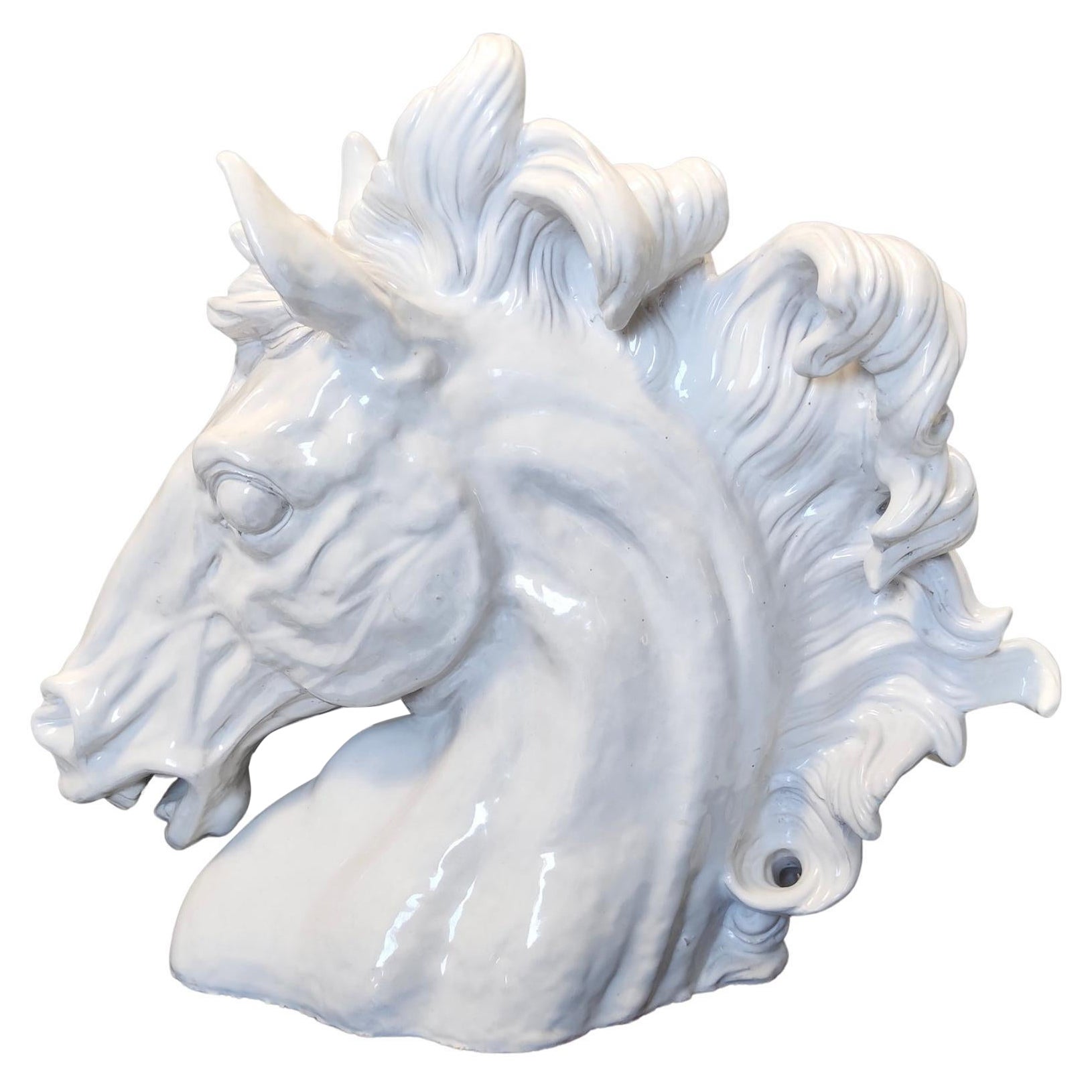 Postmodern White Lacquered Earthenware Horse Head Decorative Object, Italy 1980s For Sale