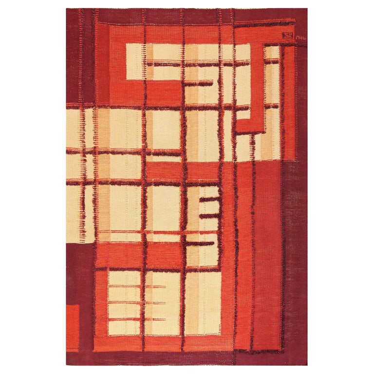 Vintage Geometric Swedish Scandinavian Flat-Woven with Raised Pile Rug ...