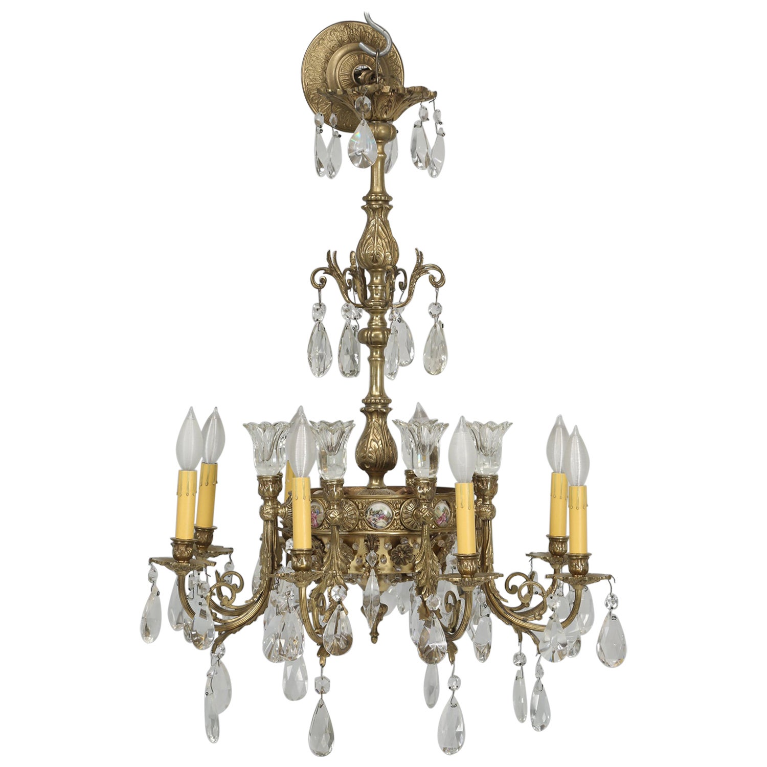 French Crystal and Bronze Chandelier with Unusual Details Including Cameos For Sale