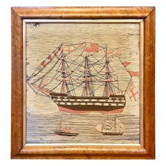 19th Century Sailor's Woolwork with Naive Ship-of-the-line