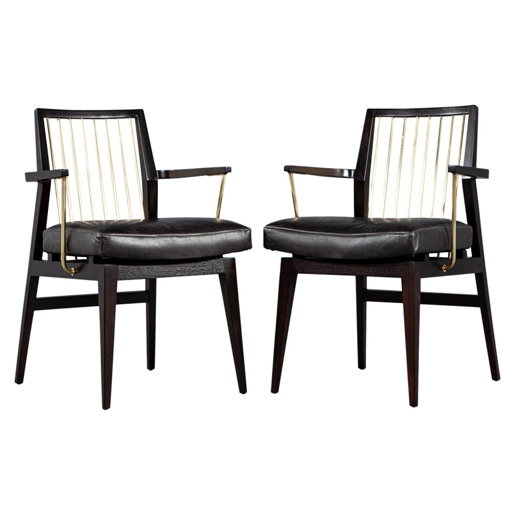 Pair of Mid-Century Modern Vintage Leather Arm Chairs with Brass Accents