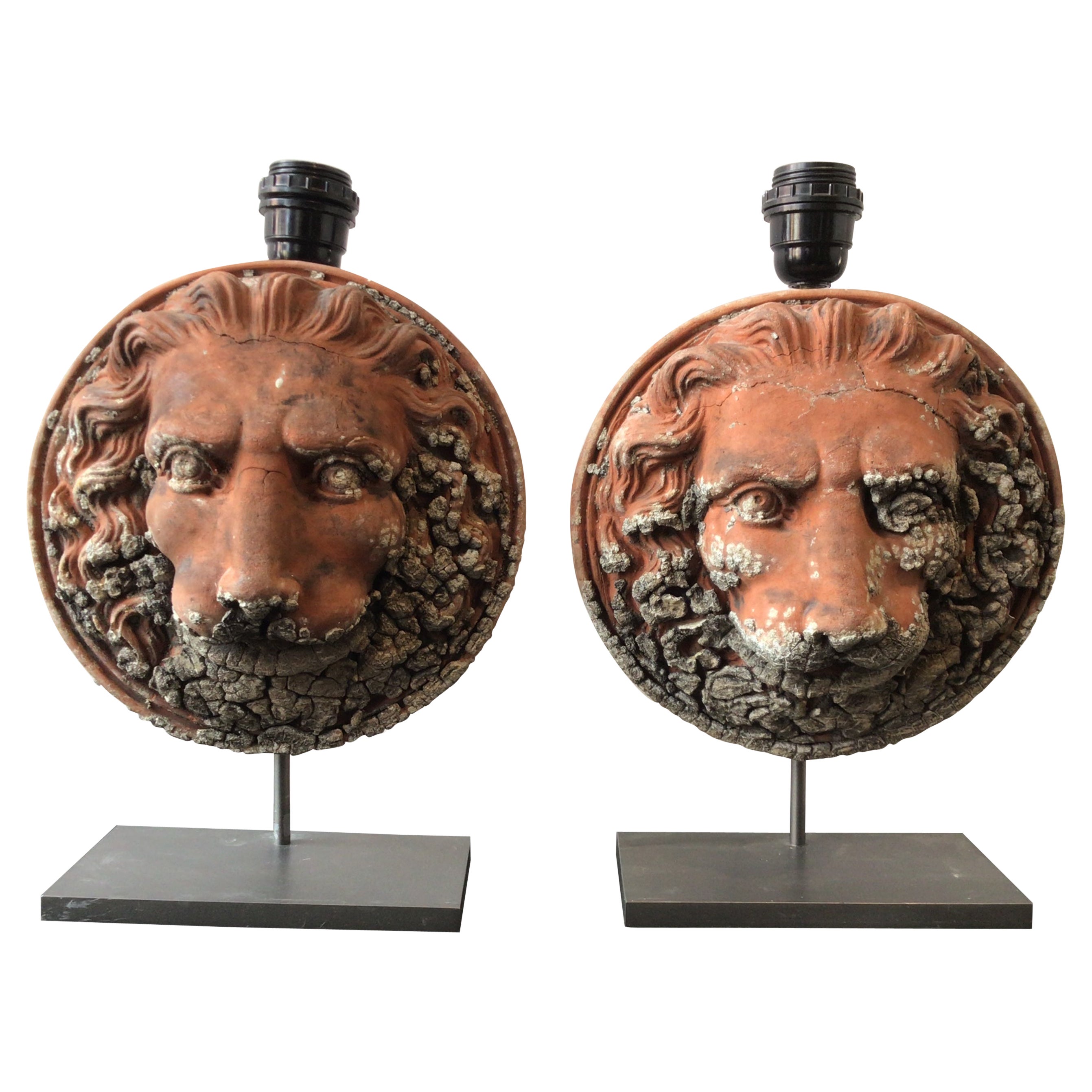 Paar Terrakotta-Löwen-Tischlampen aus den 1890er Jahren
