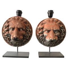 Antique Pair of 1890s Terracotta Lion Table Lamps