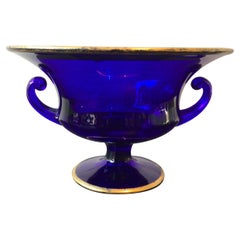 Vintage 1940s Royal Blue Glass Classical Urn with Gilt Trim