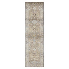 Modern Design Long Heriz Runner in Gray, Brown, Silver, Blue, Soft Yellow