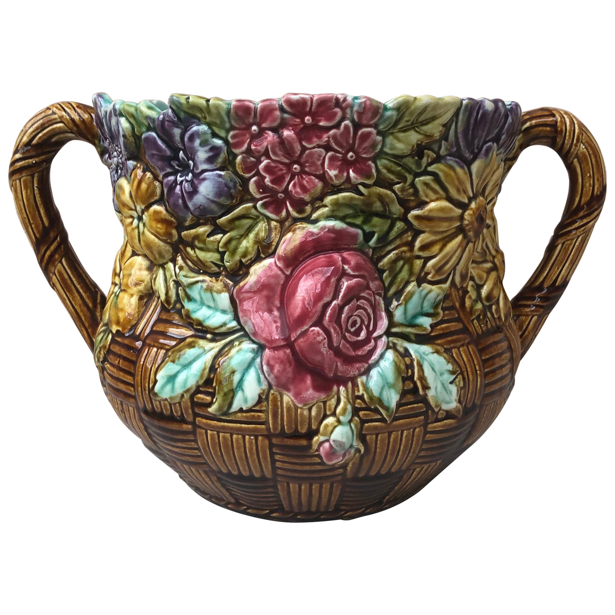 French Majolica Jardinière with Flowers Onnaing, circa 1890