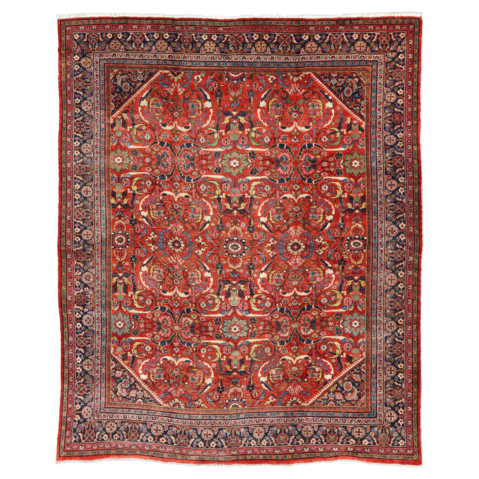 Antique Persian Sultanabad-Mahal Rug with All-Over Design on Red Field For Sale