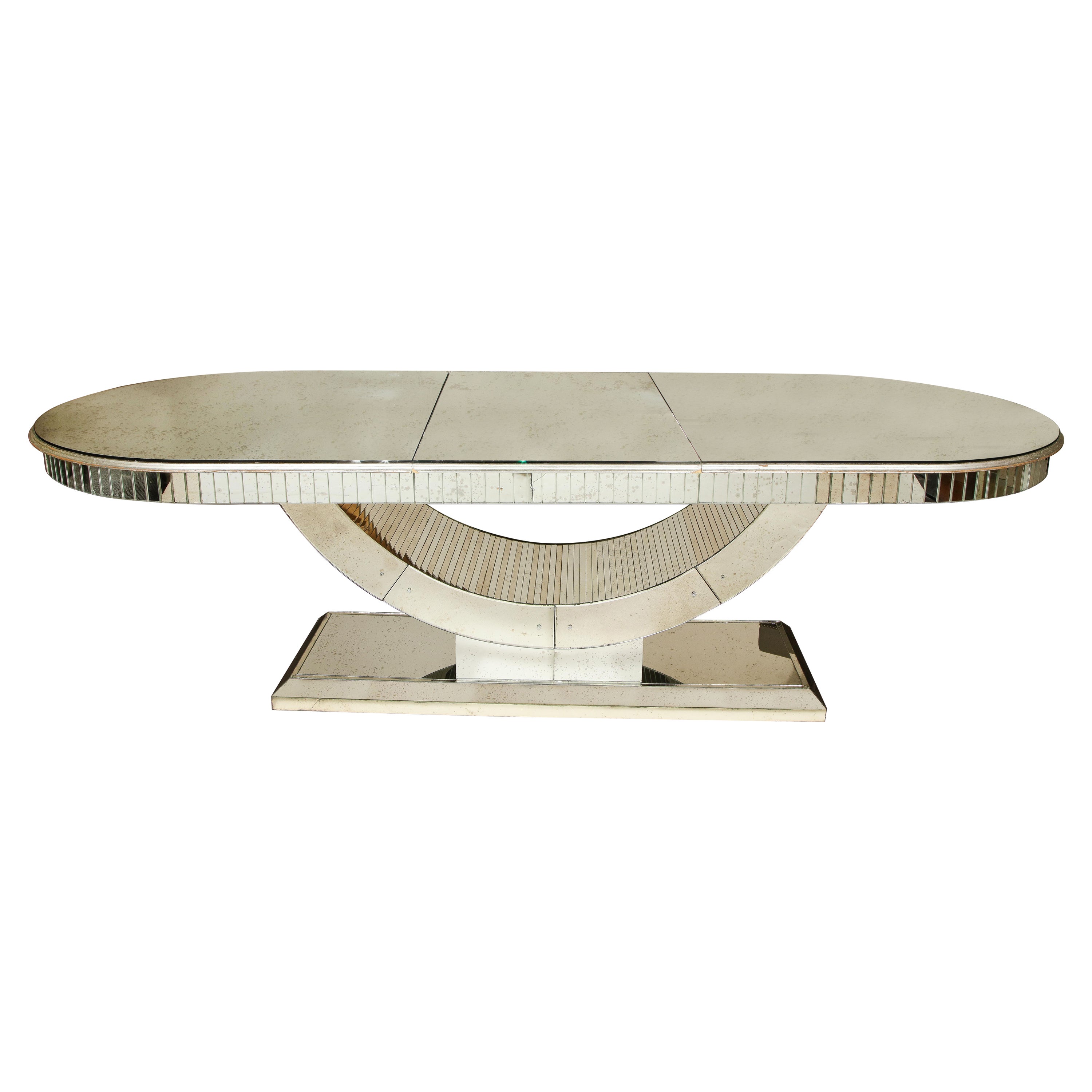 Elegant extension dining table with hand cut and applied antiqued mirror, glass rosettes and  painted silver trim. American, 2010.  This table seats 8 comfortably.

 Dimensions

Length without extension leaf: 78 inches
Length of extension leaf: 24