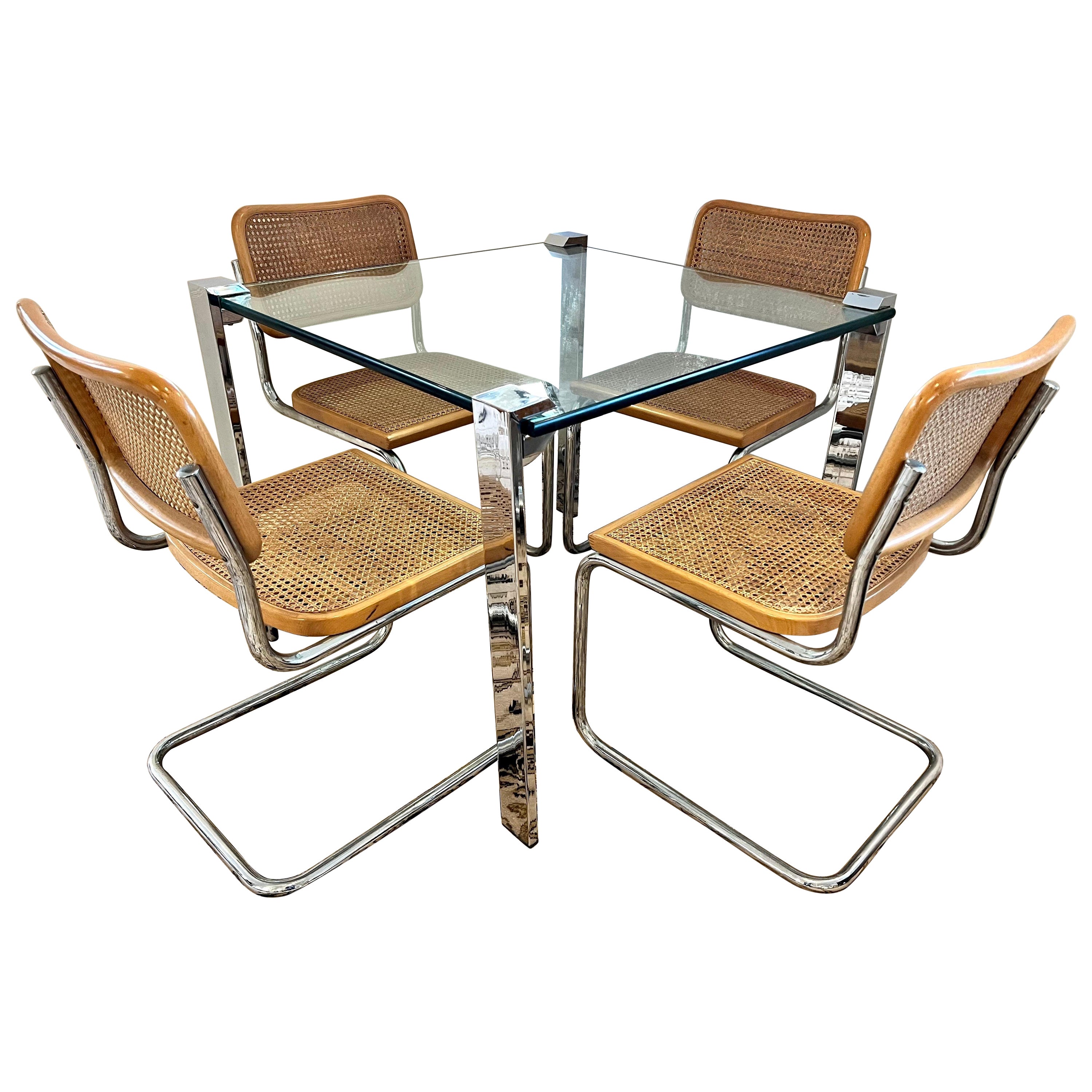 Mid Century Dining Game Table Set, Chrome & Glass and Four Cesca Chairs