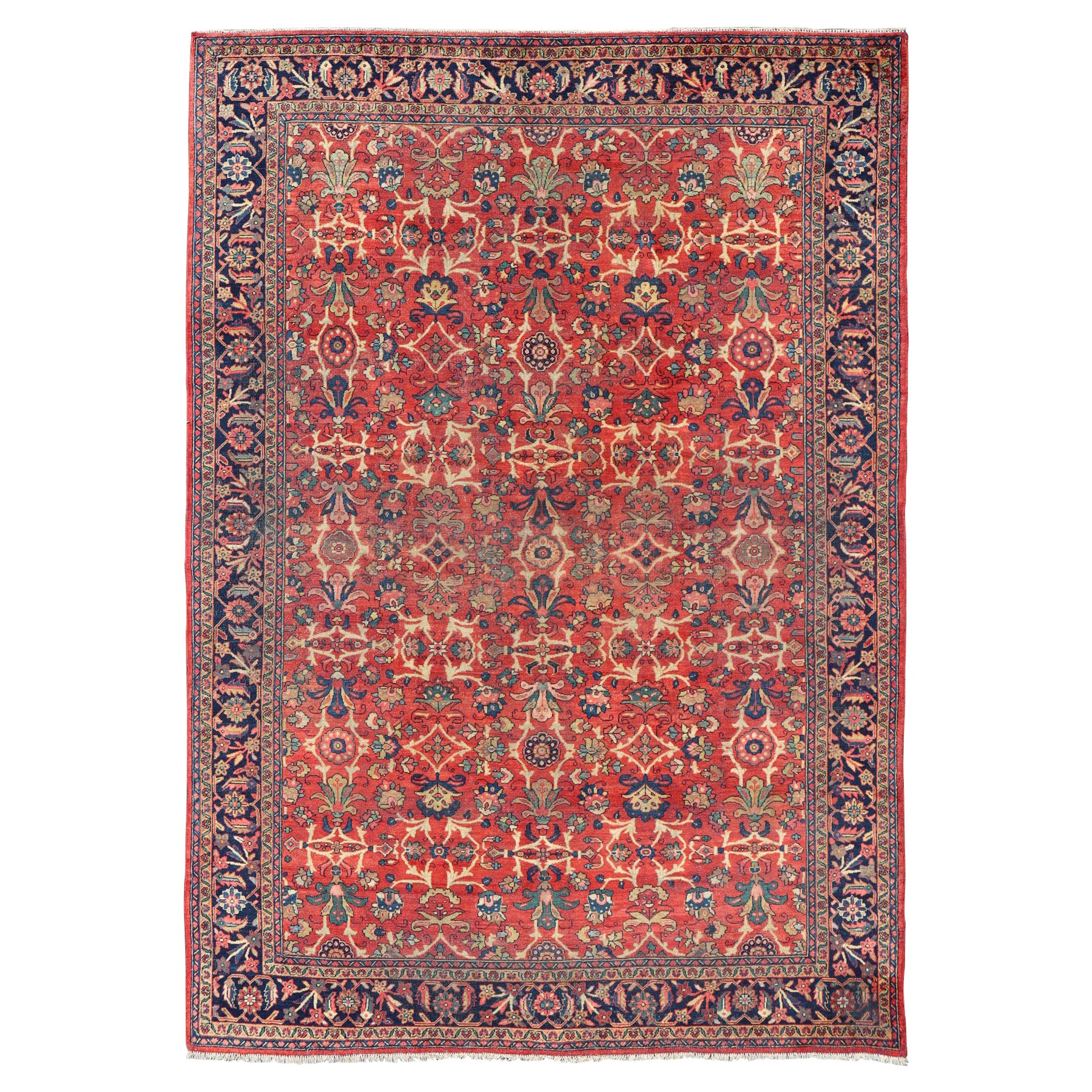 Antique Hand-Knotted Persian Mahal Rug with All-Over Design on Red Field For Sale