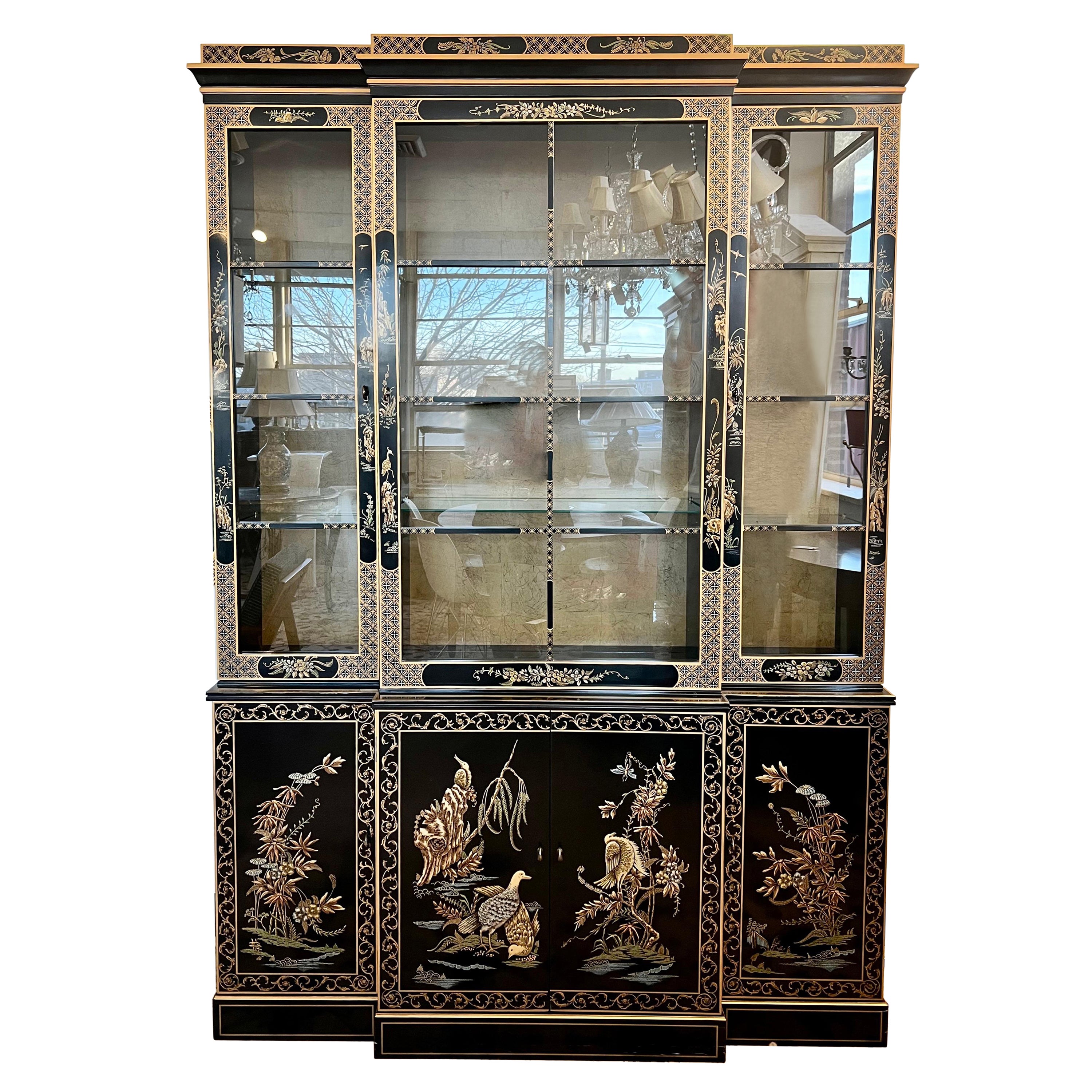 Drexel Chinoiserie Black Lacquered and Gold Lighted China Display Cabinet