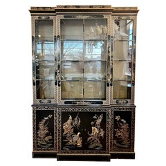 Retro Drexel Chinoiserie Black Lacquered and Gold Lighted China Display Cabinet