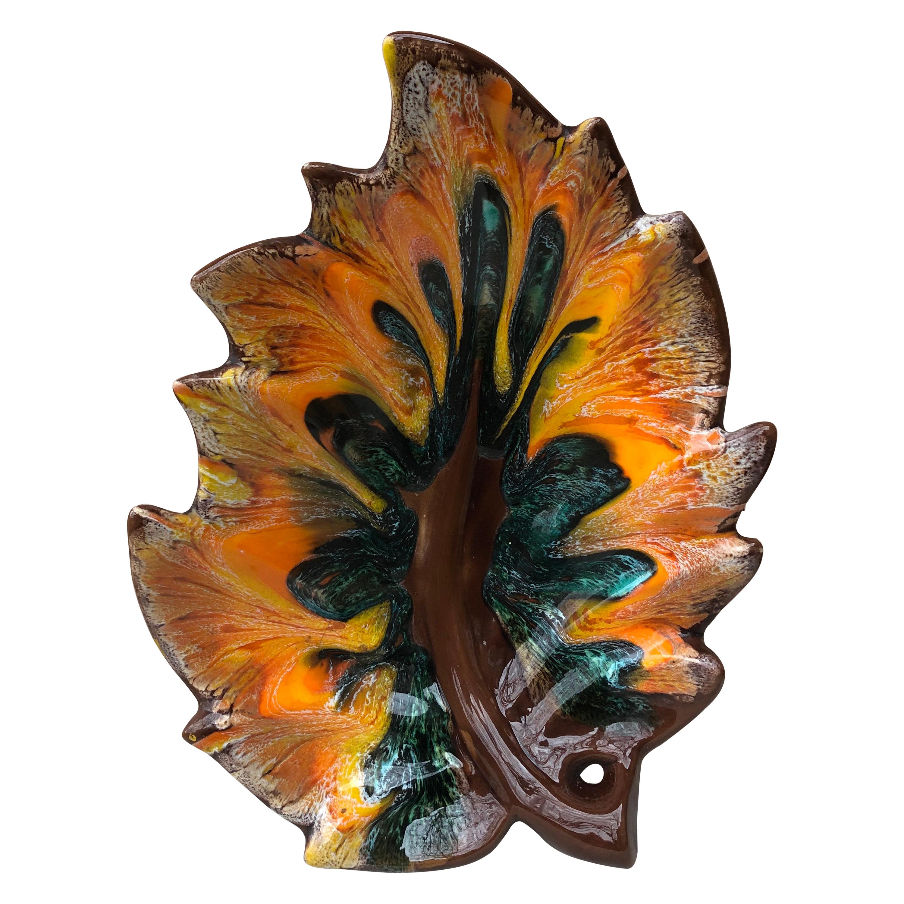 Large Majolica Leaf Platter Vallauris circa 1950 For Sale