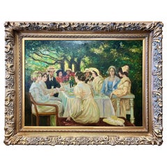 Signed Large Antique Original Oil Painting Ladies Lunching by Artist Jackson