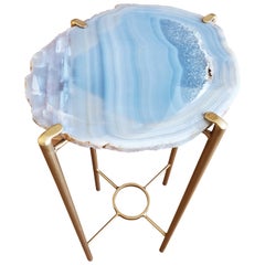 Organic Modern Light Blue Grey Geode Drink Table with Gold Gilt Base