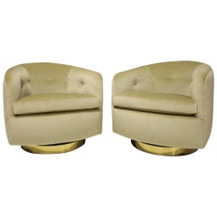 Milo Baughman Tilt/Swivel Lounge Chairs in Sage Green Mohair