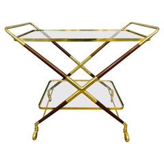 1950s Italian Cesare Lacca X-Shaped Wood, Brass & Glass Bar Cart Drinks Trolley