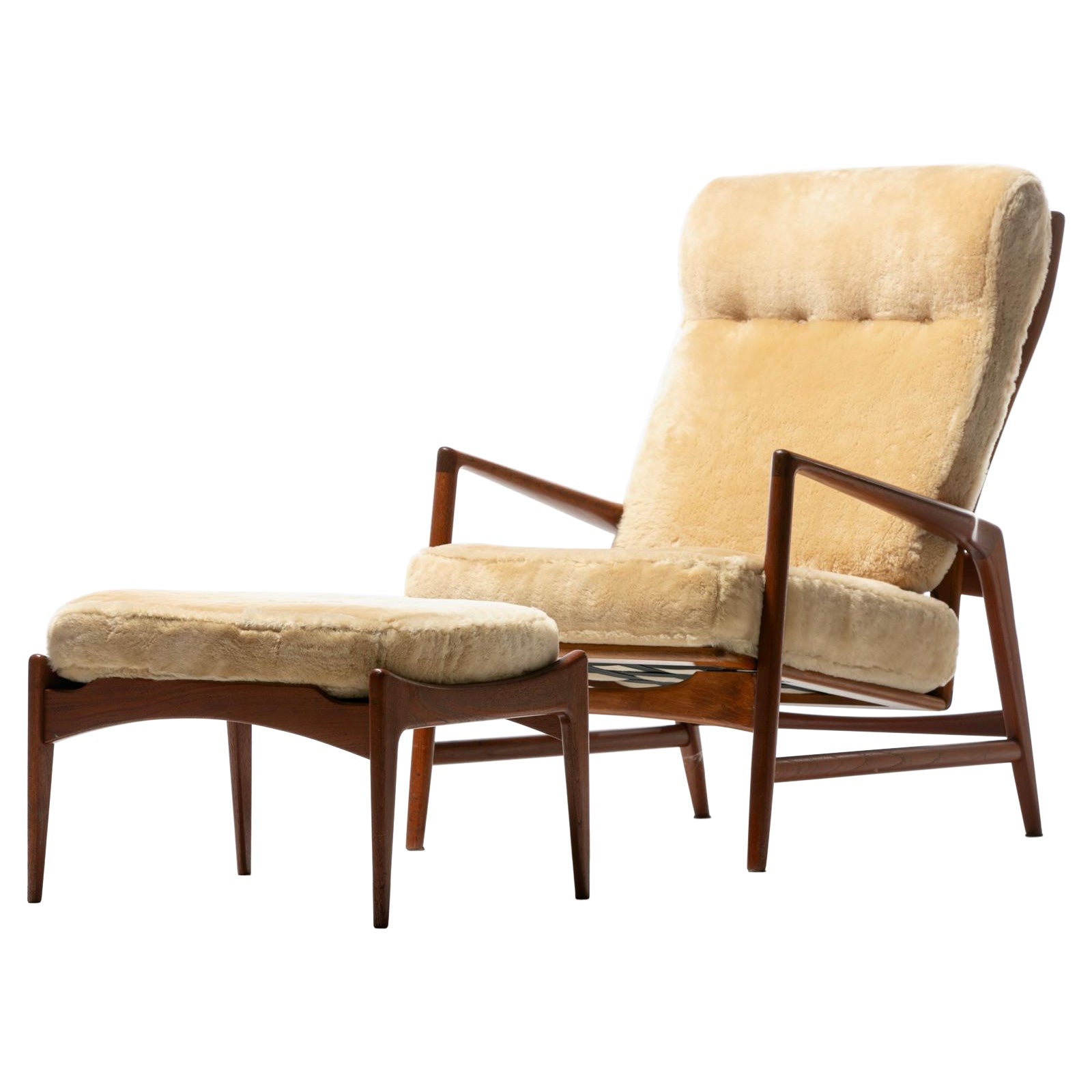 Ib Kofod-Larsen Palomino Sheepskin & Walnut Reclining Lounge Chair & Ottoman 