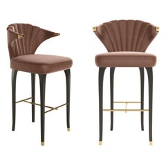 Curved Back Barstools-Ash Rose Velvet & Brass Detailing, Set of 2