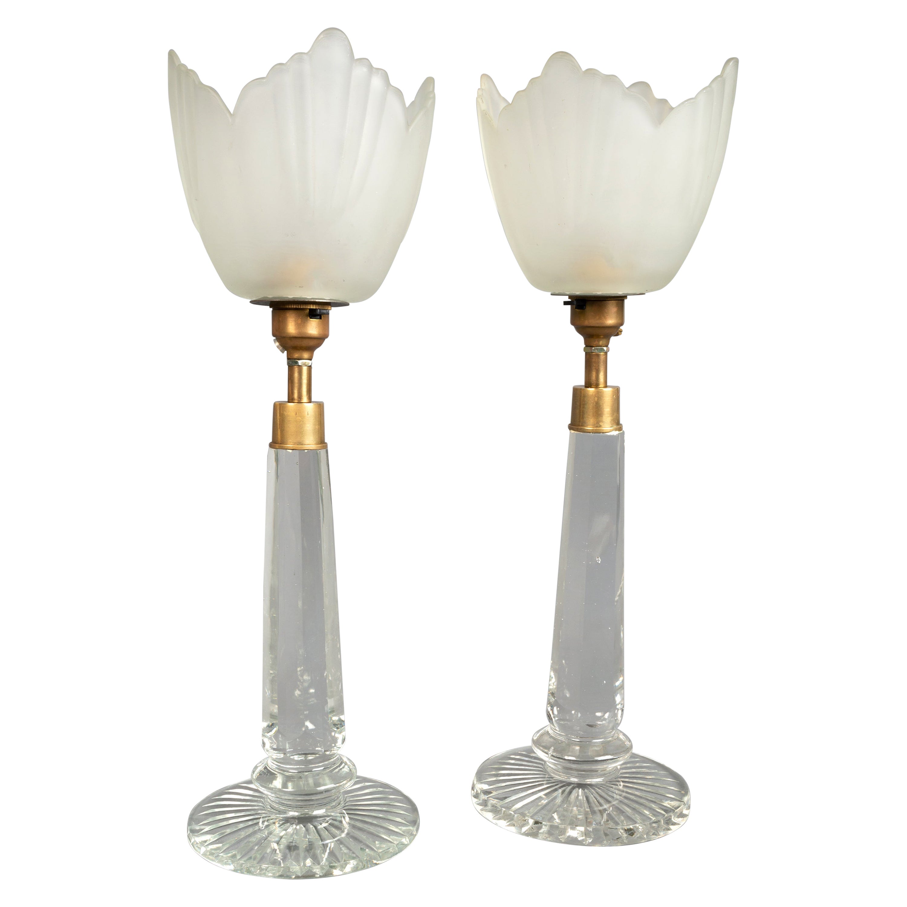 Pair of English Art Deco Crystal Table Lamps C.1920 For Sale