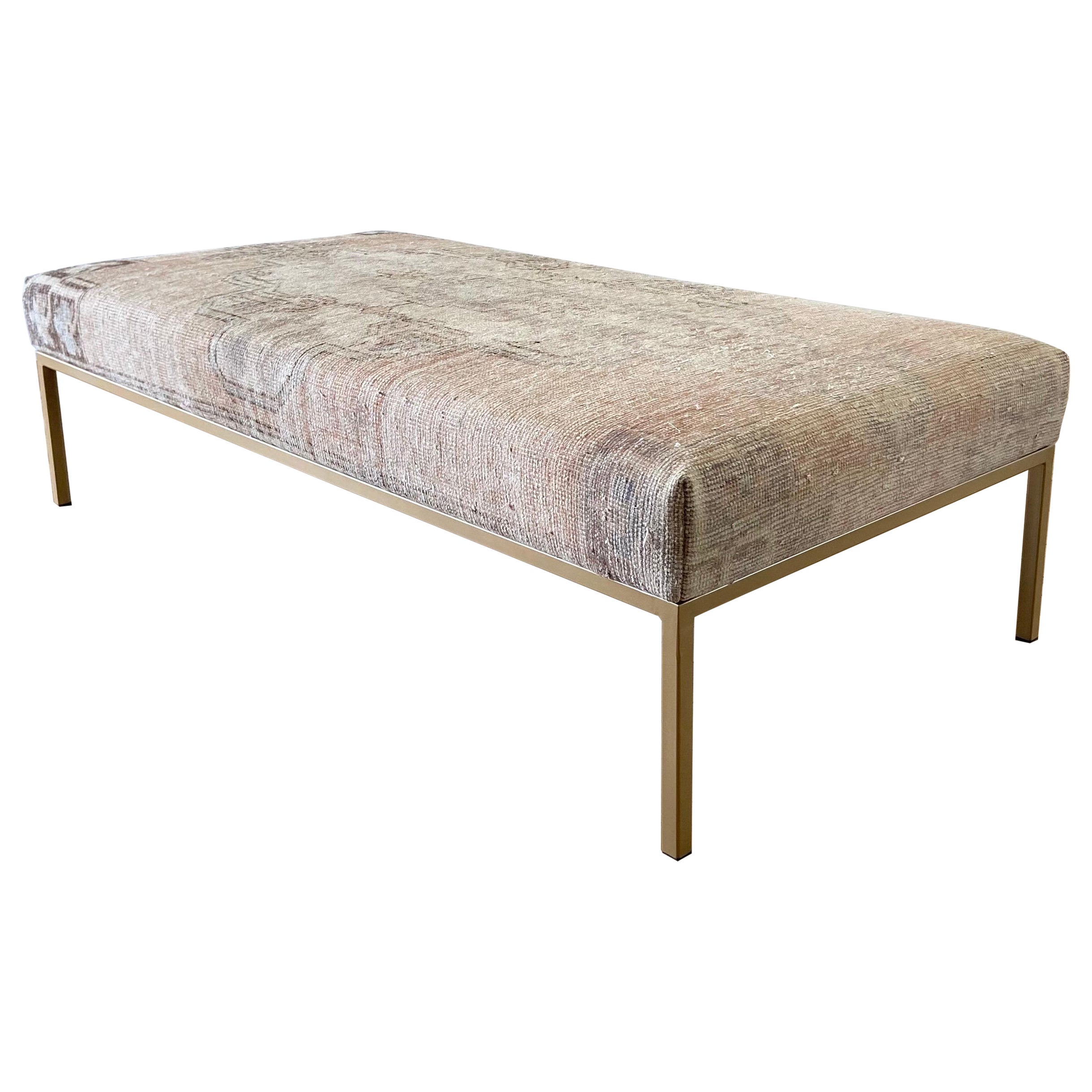 Custom Made Antique Turkish Wool Rug Ottoman with Antique Brass Finish  Frame For Sale at 1stDibs